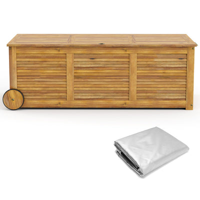 Outdoor Wooden Storage Cabinet Patio Rolling Deck Box with 2 Wheels and Side Handle