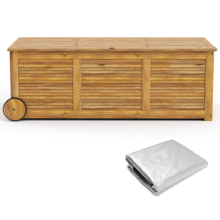 Outdoor Wooden Storage Cabinet Patio Rolling Deck Box with 2 Wheels and Side Handle