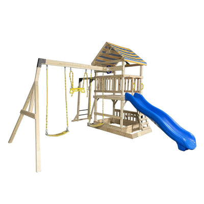 Outdoor Wooden Swing Set Children's Playset Backyard Play Equipment with Steering Wheel and Large Upper Deck Slide