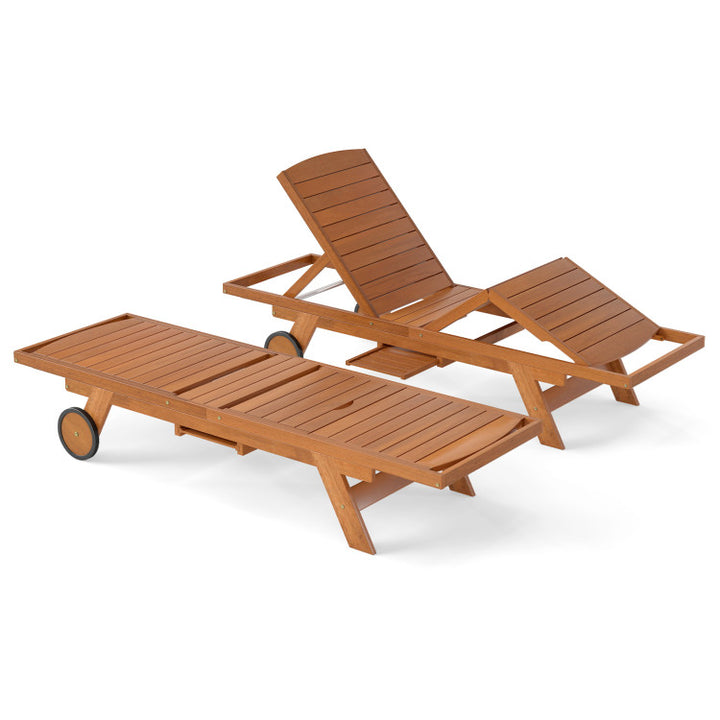 Outdoor Chaise Lounge Chair with Wheels 4-Position Patio Wood Recliner with Adjustable Backrest