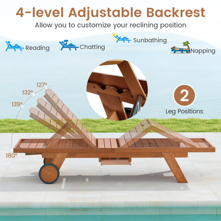 Outdoor Chaise Lounge Chair with Wheels 4-Position Patio Wood Recliner with Adjustable Backrest