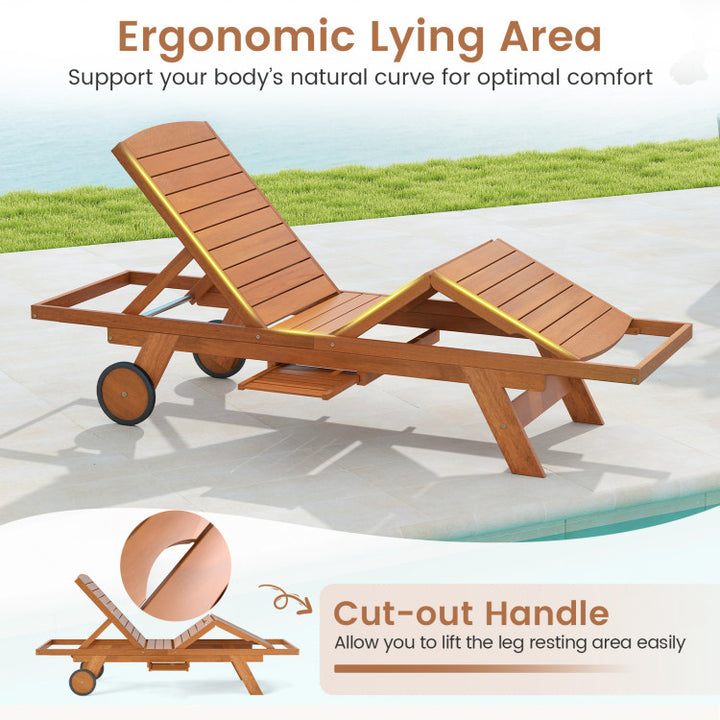 Outdoor Chaise Lounge Chair with Wheels 4-Position Patio Wood Recliner with Adjustable Backrest