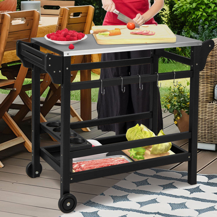 Outdoor Grill Dining Cart Table Movable HDPE Pizza Oven Stand Portable Modular Carts Worktable with Wheels and Storage Shelf
