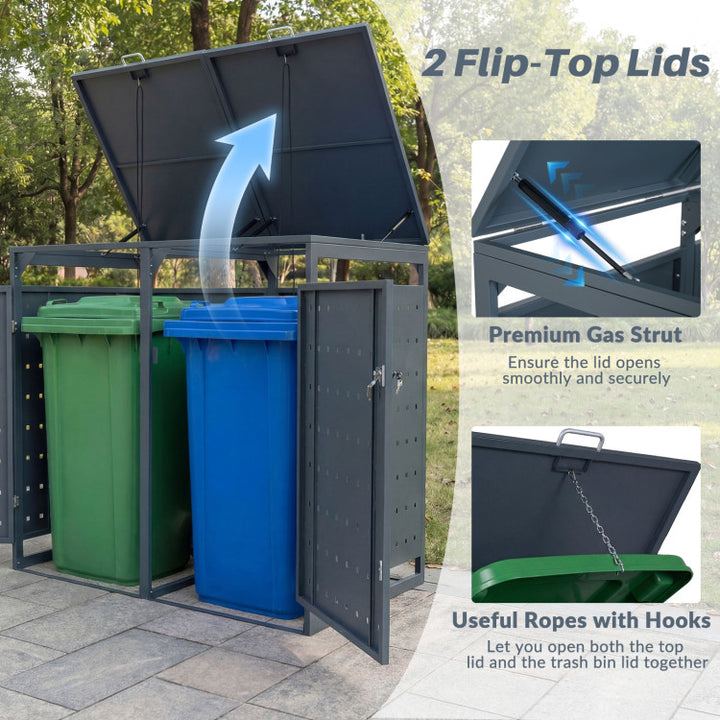 Outdoor Metal Garbage Bin Storage Shed for 2 Trash Cans Double Trash Can Enclosure