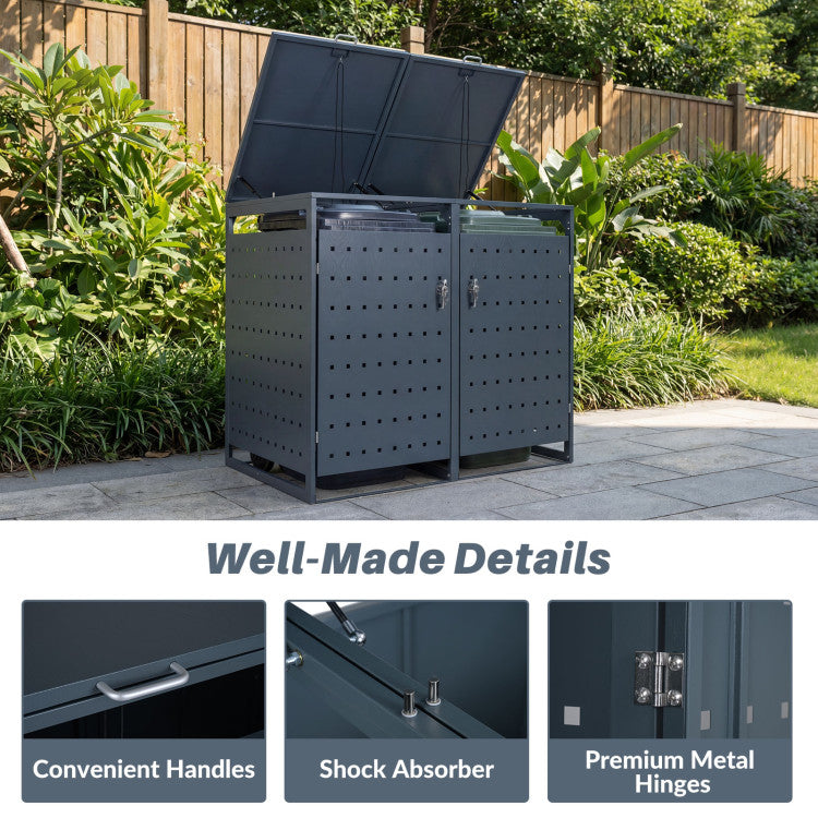 Outdoor Metal Garbage Bin Storage Shed for 2 Trash Cans Double Trash Can Enclosure