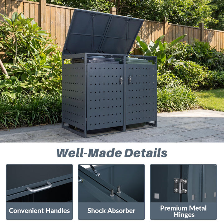 Outdoor Metal Garbage Bin Storage Shed for 2 Trash Cans Double Trash Can Enclosure