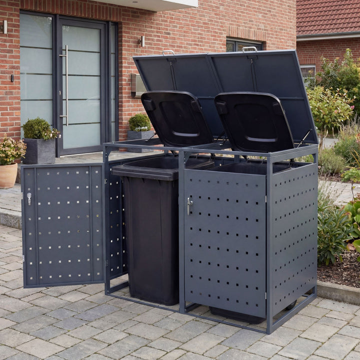 Outdoor Metal Garbage Bin Storage Shed for 2 Trash Cans Double Trash Can Enclosure
