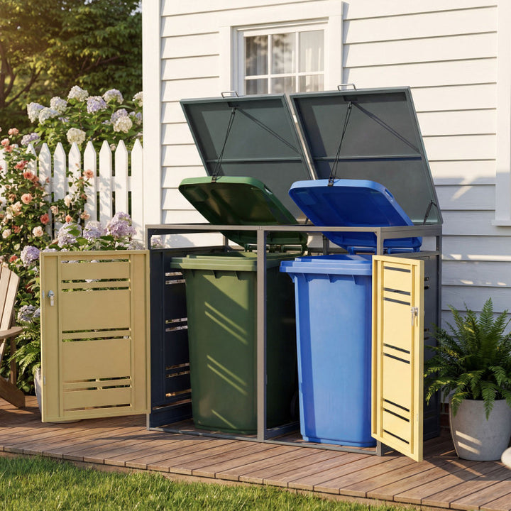 Outdoor Metal Garbage Bin Storage Shed for 2 Trash Cans