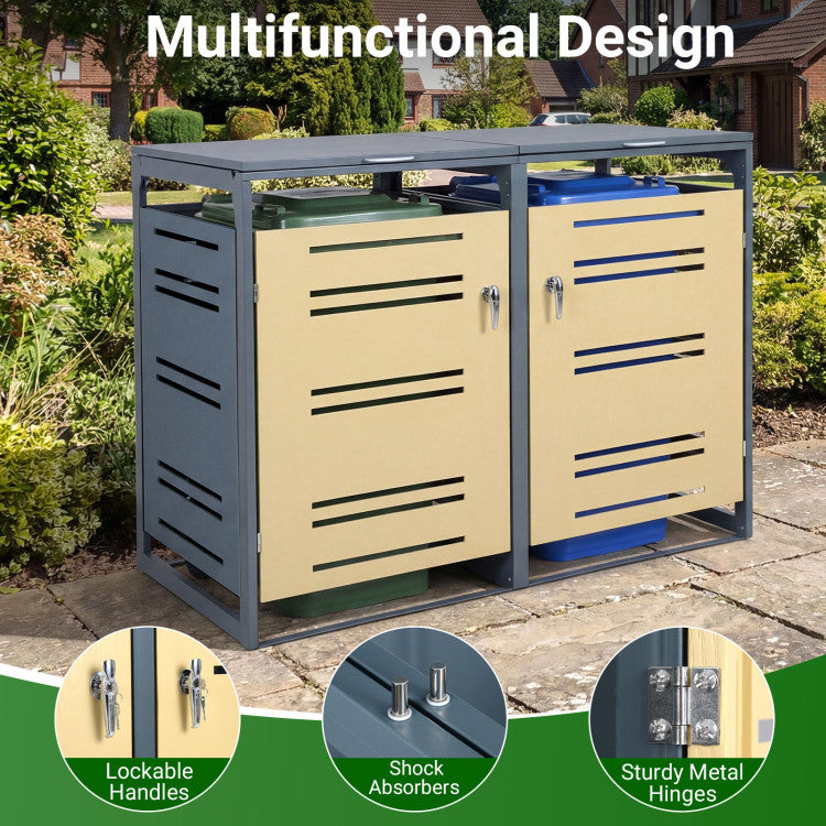 Outdoor Metal Garbage Bin Storage Shed for 2 Trash Cans
