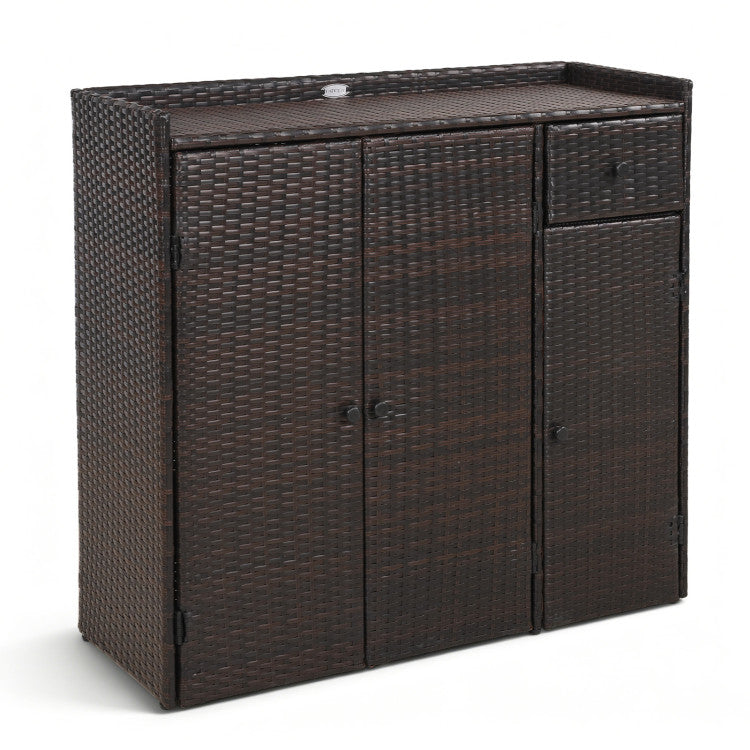 Outdoor PE Wicker Storage Cabinet with 3 Doors and Adjustable Shelves and Drawer
