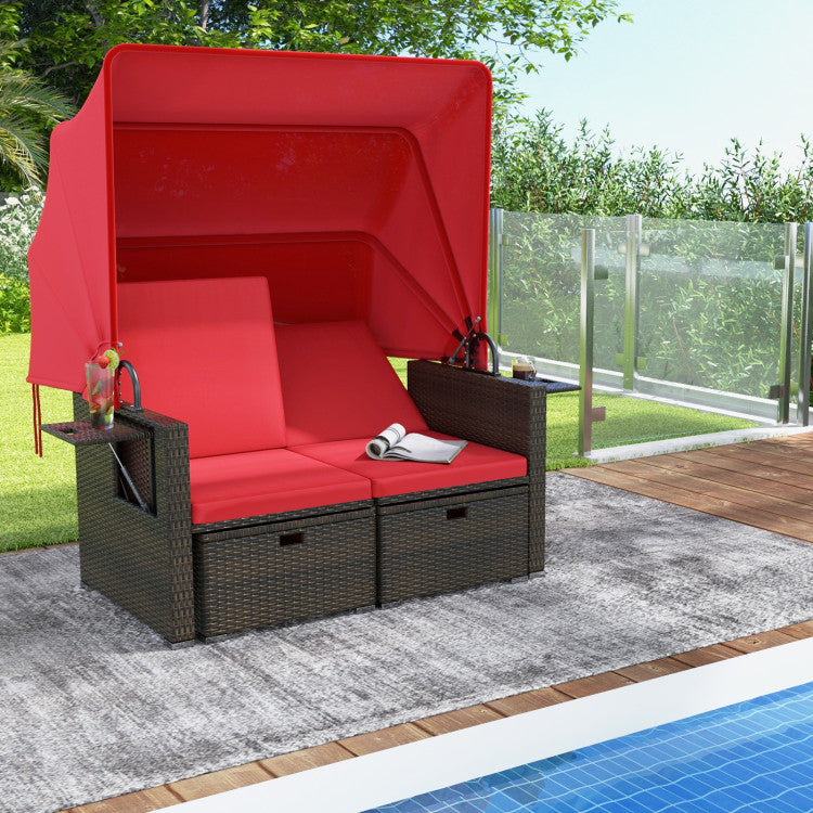 Outdoor Rattan Daybed Patio Double Bed Loveseat Lounger Set with Retractable Canopy and Adjustable Backrests