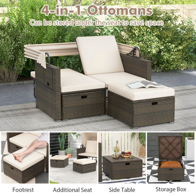 Outdoor Rattan Daybed Patio Double Bed Loveseat Lounger Set with Retractable Canopy and Adjustable Backrests
