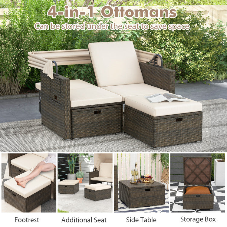 Outdoor Rattan Daybed Patio Double Bed Loveseat Lounger Set with Retractable Canopy and Adjustable Backrests