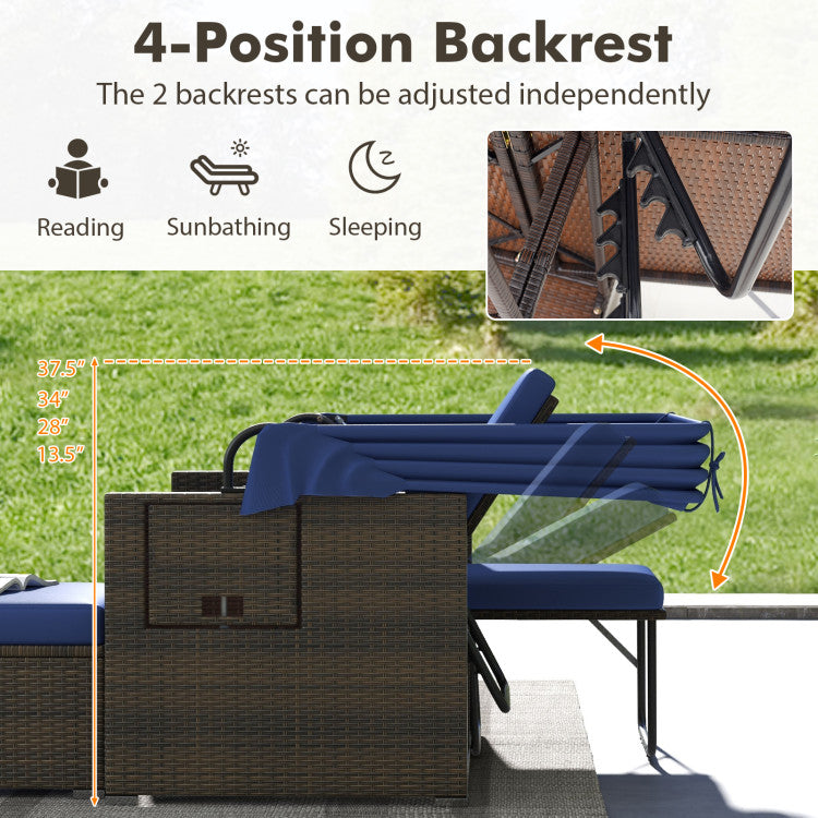 Outdoor Rattan Daybed Patio Double Bed Loveseat Lounger Set with Retractable Canopy and Adjustable Backrests