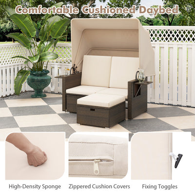 Outdoor Rattan Daybed Patio Double Bed Loveseat Lounger Set with Retractable Canopy and Adjustable Backrests