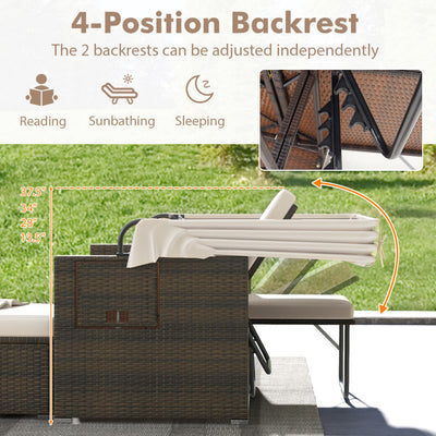 Outdoor Rattan Daybed Patio Double Bed Loveseat Lounger Set with Retractable Canopy and Adjustable Backrests