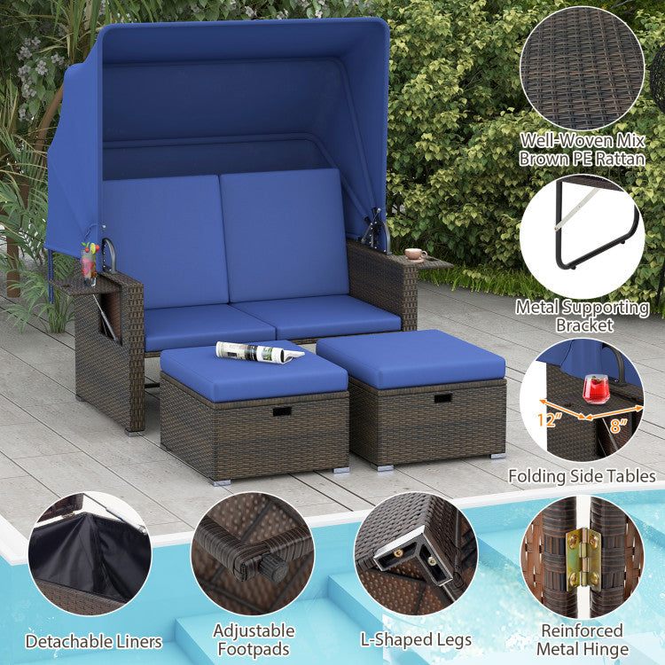 Outdoor Rattan Daybed Patio Double Bed Loveseat Lounger Set with Retractable Canopy and Adjustable Backrests