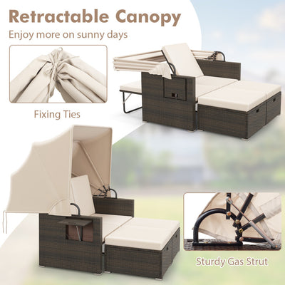 Outdoor Rattan Daybed Patio Double Bed Loveseat Lounger Set with Retractable Canopy and Adjustable Backrests