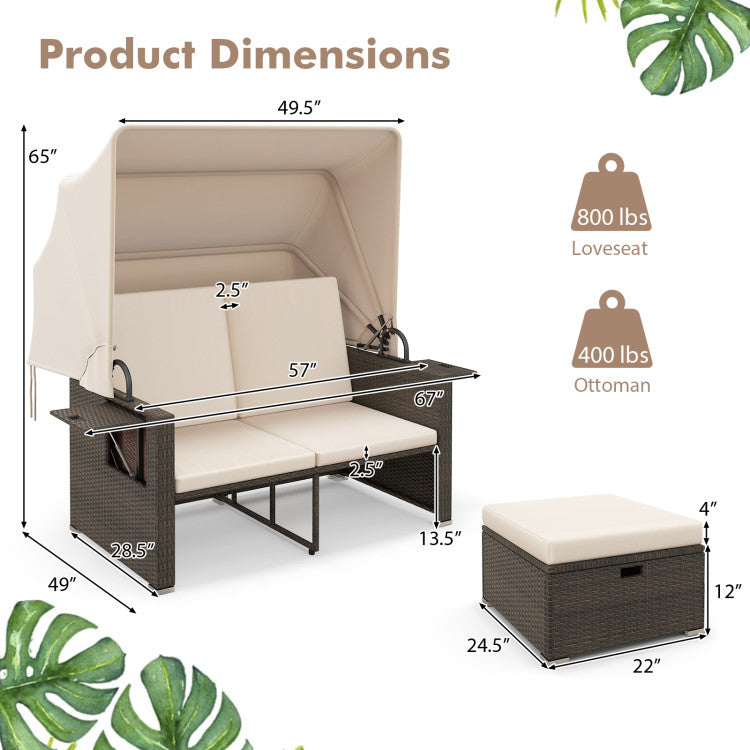 Outdoor Rattan Daybed Patio Double Bed Loveseat Lounger Set with Retractable Canopy and Adjustable Backrests