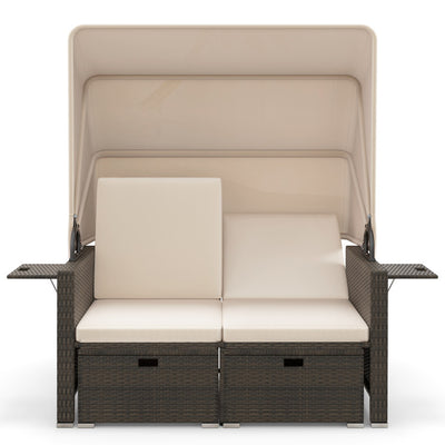 Outdoor Rattan Daybed Patio Double Bed Loveseat Lounger Set with Retractable Canopy and Adjustable Backrests