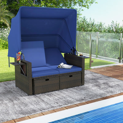 Outdoor Rattan Daybed Patio Double Bed Loveseat Lounger Set with Retractable Canopy and Adjustable Backrests