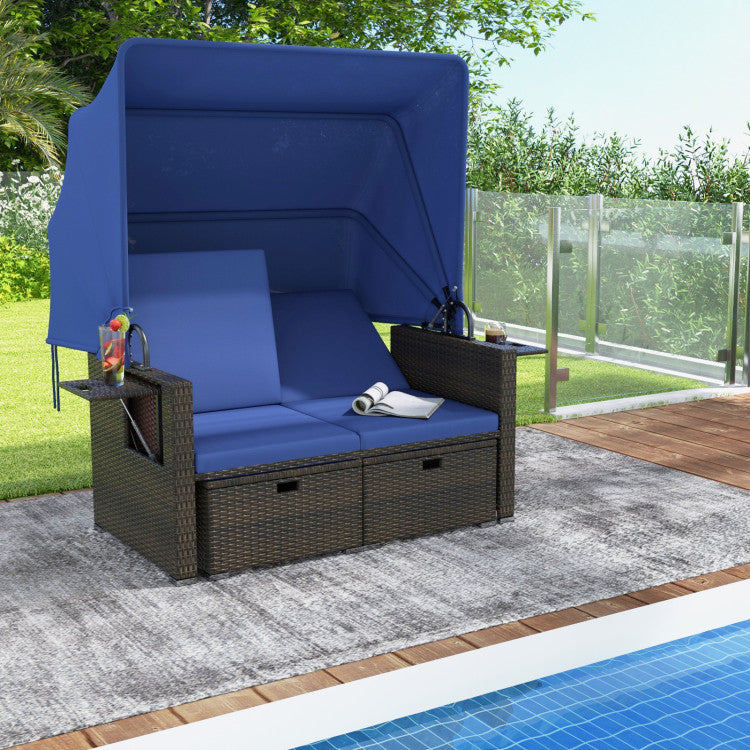 Outdoor Rattan Daybed Patio Double Bed Loveseat Lounger Set with Retractable Canopy and Adjustable Backrests