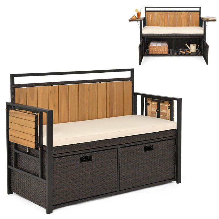 Outdoor Storage Bench with 2 Side Tables and 2-Seater Bench Seat ...