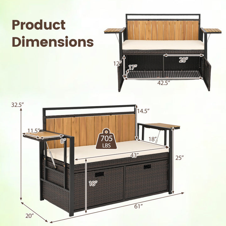 Outdoor Storage Bench with 2 Side Tables and 2-Seater Bench Seat
