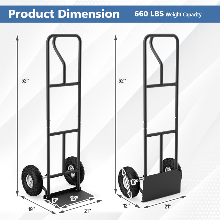 P-Handle Hand Truck Heavy Duty Metal Dolly Cart with Rubber Wheels and Foldable Nose Plate