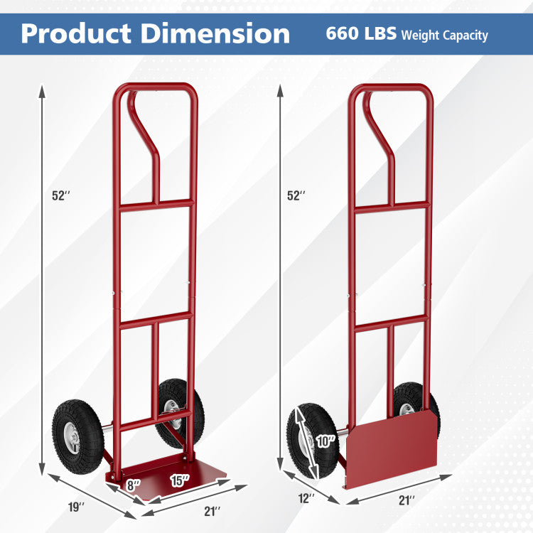 P-Handle Hand Truck Heavy Duty Metal Dolly Cart with Rubber Wheels and Foldable Nose Plate