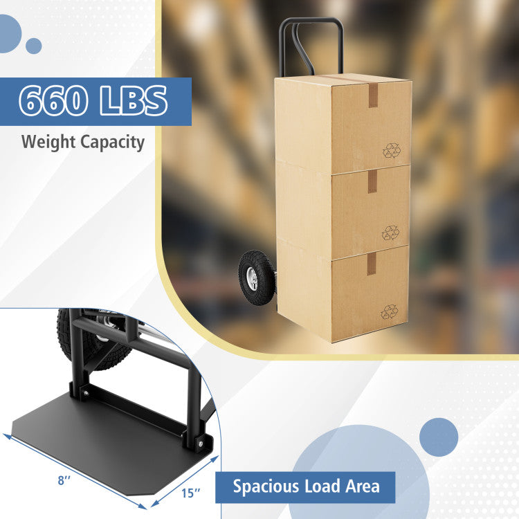 P-Handle Hand Truck Heavy Duty Metal Dolly Cart with Rubber Wheels and Foldable Nose Plate