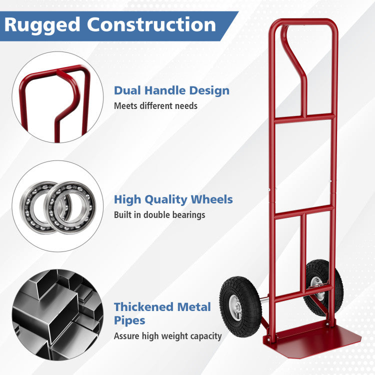 P-Handle Hand Truck Heavy Duty Metal Dolly Cart with Rubber Wheels and Foldable Nose Plate