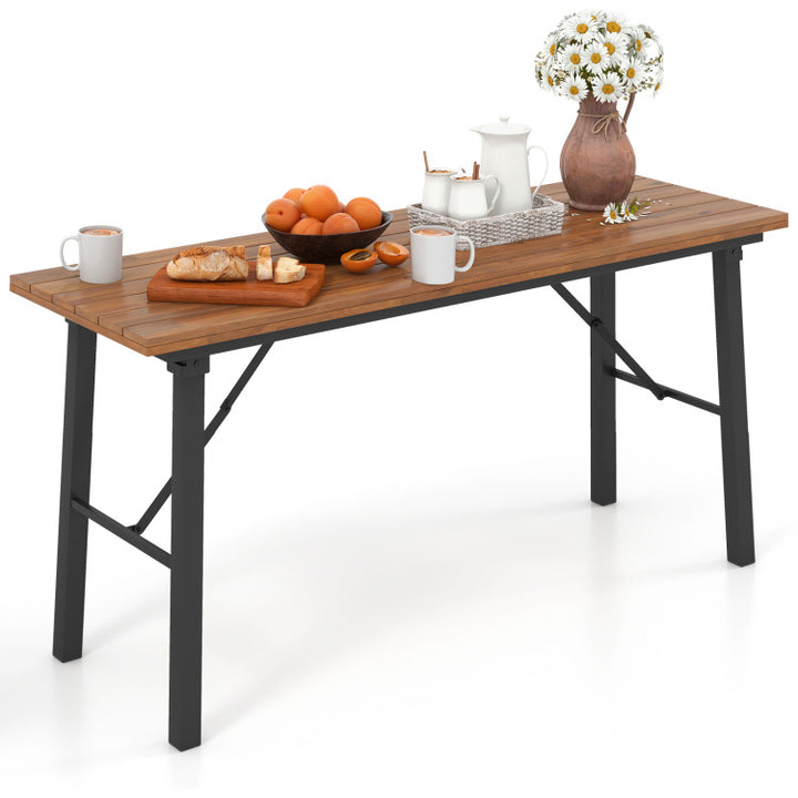 Patio Folding Picnic Table Acacia Wood Rectangular Dining Tabletop with Metal Frame for Camping BBQ