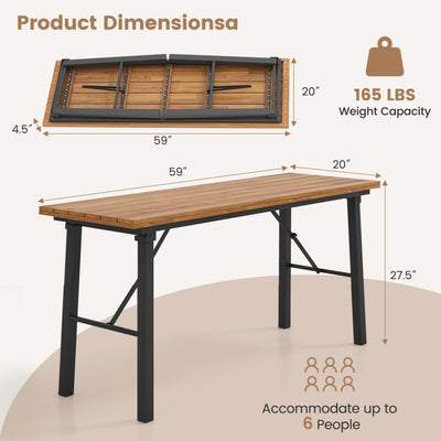 Patio Folding Picnic Table Acacia Wood Rectangular Dining Tabletop with Metal Frame for Camping BBQ