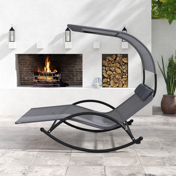 Outdoor Double Chaise Lounge 2-Person Rocking Chair with Canopy  and Headrest Pillows