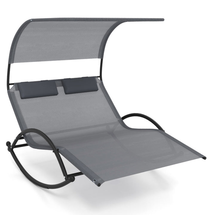 Outdoor Double Chaise Lounge 2-Person Rocking Chair with Canopy  and Headrest Pillows