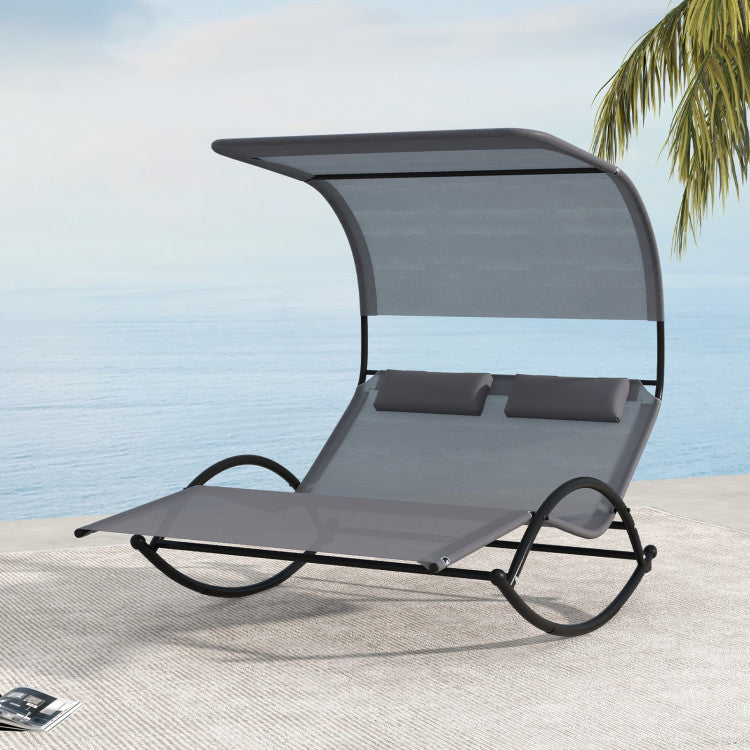 Outdoor Double Chaise Lounge 2-Person Rocking Chair with Canopy  and Headrest Pillows