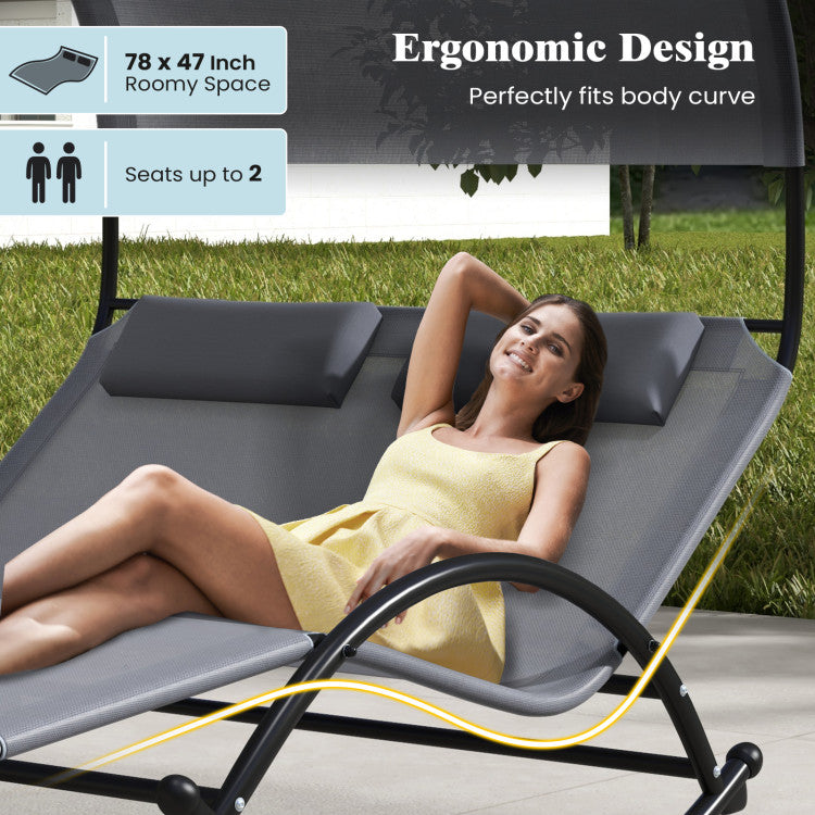 Outdoor Double Chaise Lounge 2-Person Rocking Chair with Canopy  and Headrest Pillows