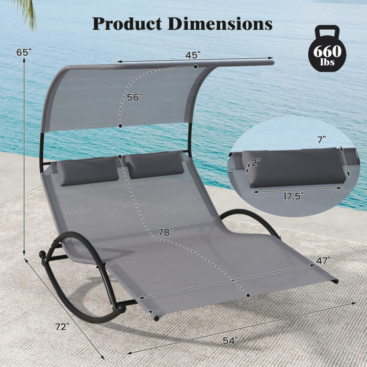 Outdoor Double Chaise Lounge 2-Person Rocking Chair with Canopy  and Headrest Pillows