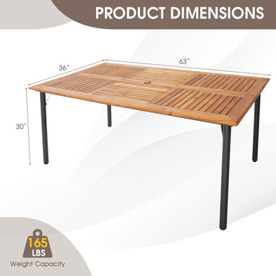 Patio Acacia Wood Dining Table with Umbrella Hole and Metal Legs