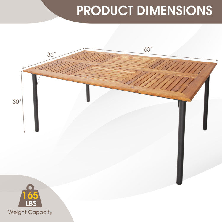 Patio Acacia Wood Dining Table with Umbrella Hole and Metal Legs