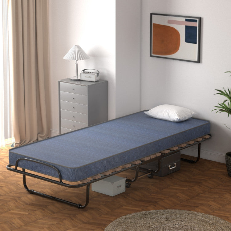 Portable Folding Guest Bed Rolling Hideaway Sleeper Bed with Memory Foam Mattress and 360° Swivel Wheels