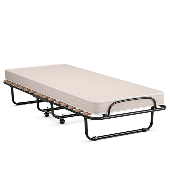 Portable Folding Guest Bed Rolling Hideaway Sleeper Bed with Memory Foam Mattress and 360° Swivel Wheels