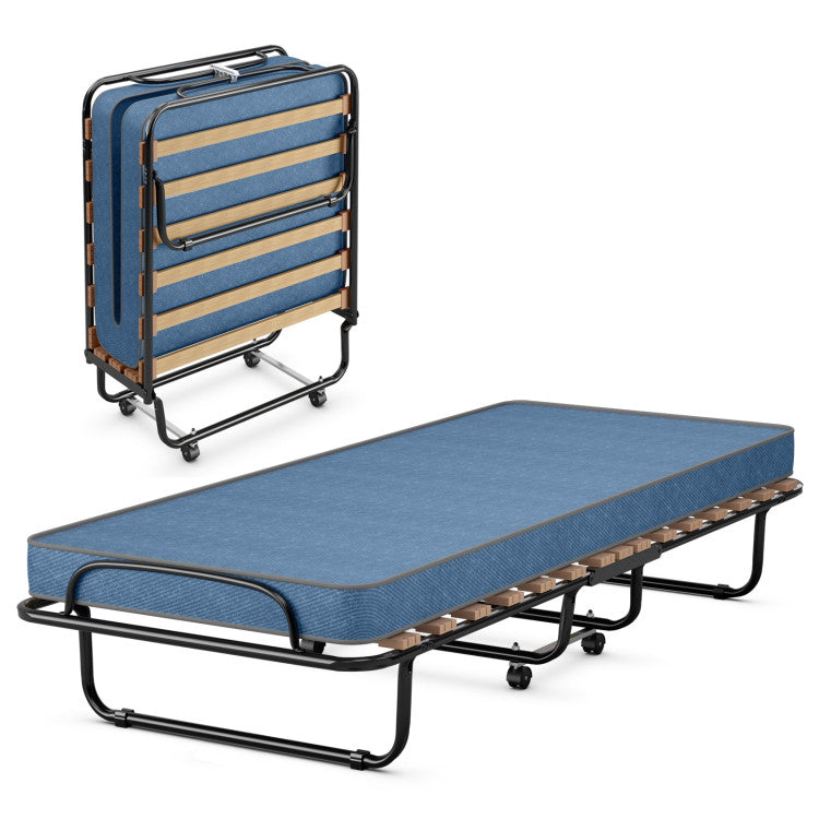 Portable Folding Guest Bed Rolling Hideaway Sleeper Bed with Memory Foam Mattress and 360° Swivel Wheels