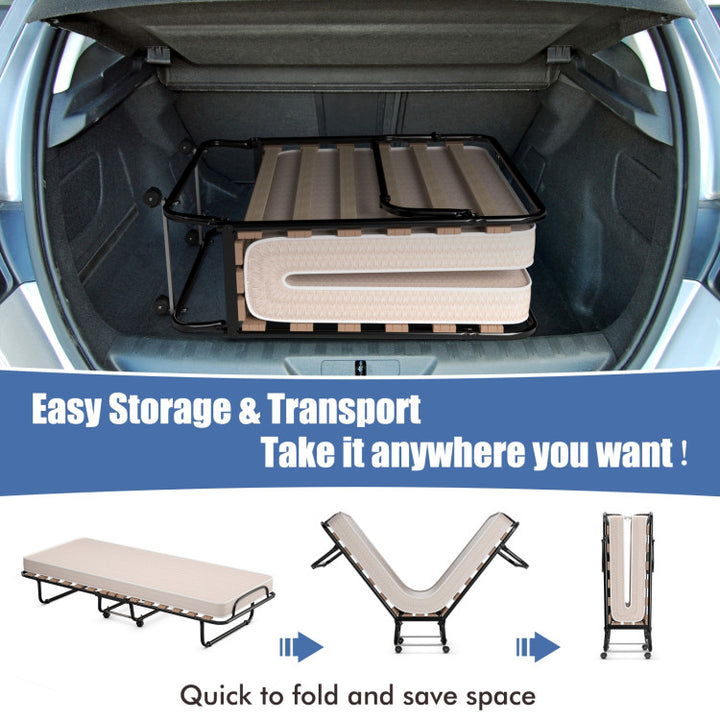 Portable Folding Guest Bed Rolling Hideaway Sleeper Bed with Memory Foam Mattress and 360° Swivel Wheels