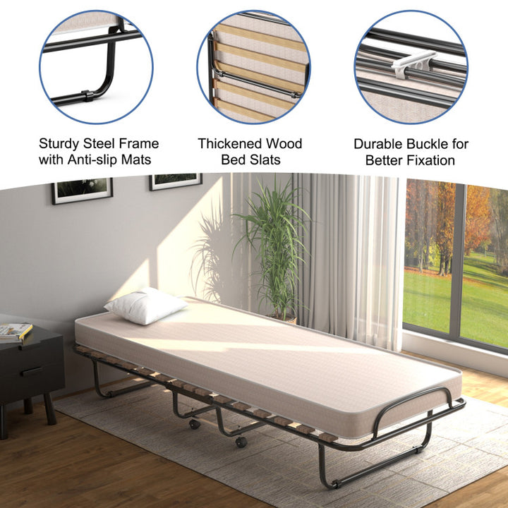 Portable Folding Guest Bed Rolling Hideaway Sleeper Bed with Memory Foam Mattress and 360° Swivel Wheels