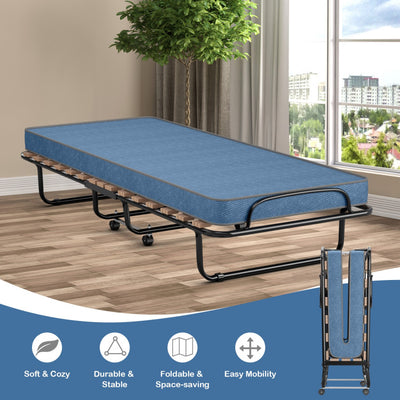 Portable Folding Guest Bed Rolling Hideaway Sleeper Bed with Memory Foam Mattress and 360° Swivel Wheels