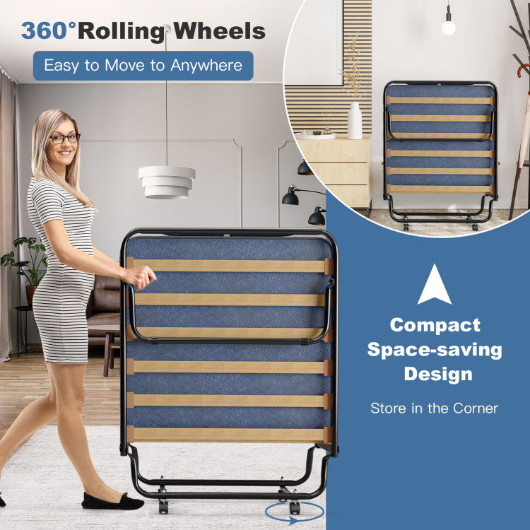 Portable Folding Guest Bed Rolling Hideaway Sleeper Bed with Memory Foam Mattress and 360° Swivel Wheels