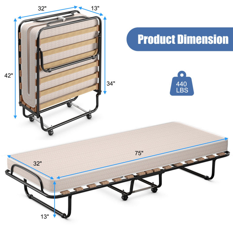 Portable Folding Guest Bed Rolling Hideaway Sleeper Bed with Memory Foam Mattress and 360° Swivel Wheels