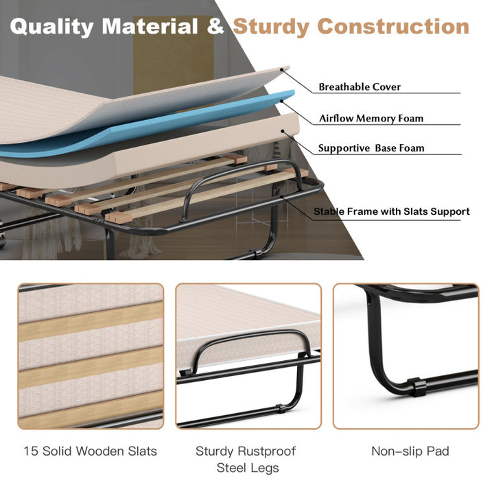 Portable Folding Guest Bed Rolling Hideaway Sleeper Bed with Memory Foam Mattress and 360° Swivel Wheels